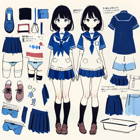 (superflat, flat shading, flat colors), Ikea assembly instruction for a schoolgirl, text, loli, school uniform, panties, watercolor