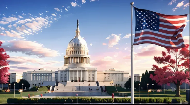 a view of the capitol building at sunset with a flag flying in the foreground, capitol, capitol building