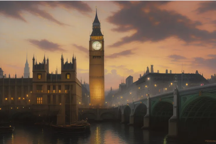 Painting depicting a city with a clock tower, Thomas Kinkade, Big Ben, Kincaid, Thomas Kinkade, ( Thomas Kinkade ), ( ( Thomas Kinkade ) ), Thomas Kincaid CFG _ Scale 9, Ernest Buckmaster, Thomas Kindcade, Belo Horizonte, Thomas Kincaid CFG _ Scale 8, Earl...