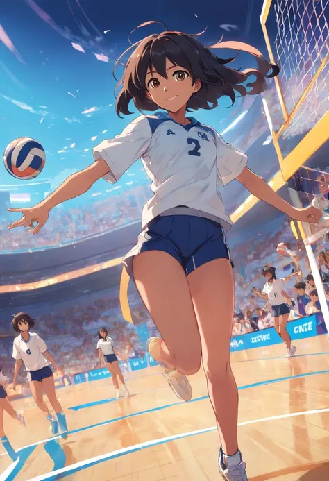 In the intense sports match, a 17-year-old, Black skin, female volleyball player enters with striking beauty. Her face captivates with hazel eyes, delicately arched eyebrows, and plush, rosy lips. Straigh black hair cascades over her shoulders, adding to h...