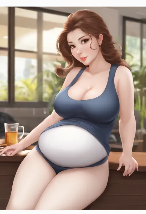 a cartoon picture of a woman with a huge belly, she has a jiggly fat round belly, pregnant belly, her belly is fat and round, big belly, big stomach, bouncy belly, thicc, pregnant, oppai proportions, big cheeks!, belly exposed, big breasts!!, big breasts!,...