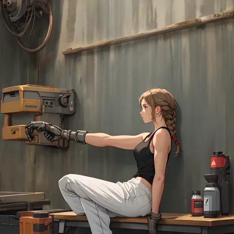 Woman sitting cross legged on top of machanic workbench long brown braid white tank top Adidas pants metal arm back against wall