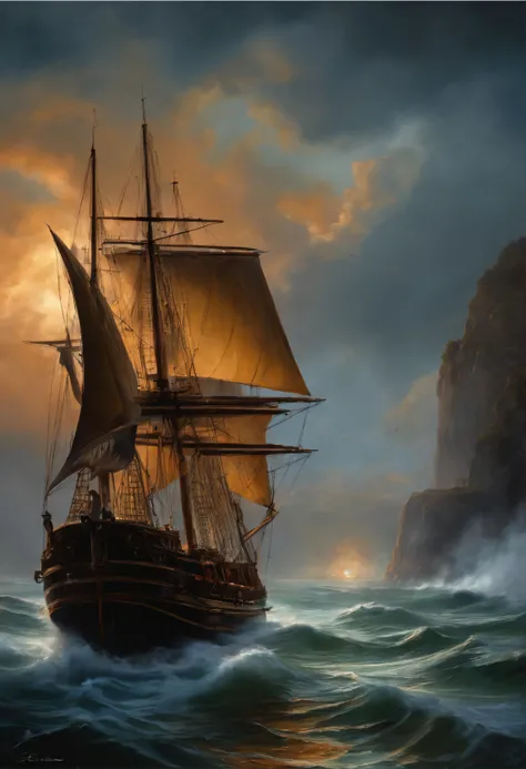 Real picture（（Oil paints ））Landscape painting, acrylic painting, Brush strokes, With unparalleled realism,ultrawide,ominous skies,Sail ships,Wooden boats,Lotus,Huge waves,Starry night,assassins creed vibes,voluminetric lighting,Clearing,Realistic,james gur...