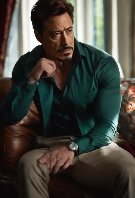 Personnage Tony Stark, chemise ouverte, quite muscular, Looking out a window, sitting on sofa, vers a la main, regard perdu