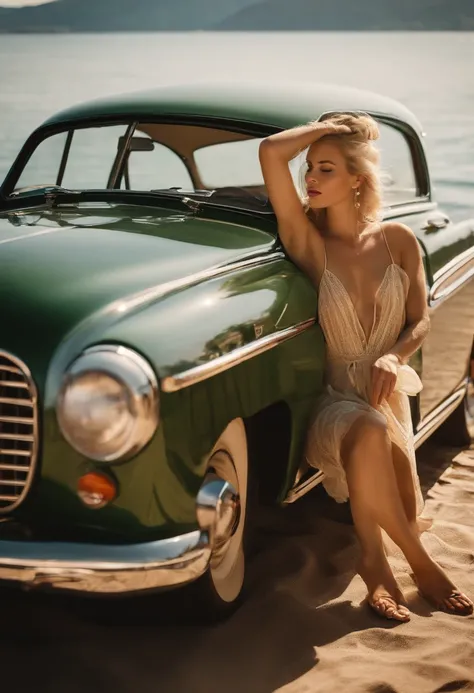 Femme blonde, Retro car and sea in the background, sunny day, Demi-tir du corps, High quality photo, very naked