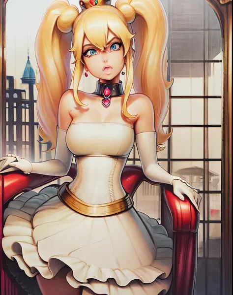 masterpiece, best quality, princess peach,(best shadow),1girl,blue eyes, blonde hair, tears, leather collar,steamy,looking at vi...