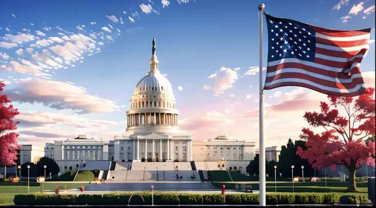 A view of the Capitol building at sunset with a flag flying in the foreground, Capitol, Capitol Building