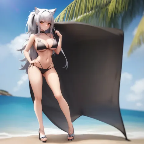 A woman in a bikini and cat ears is standing on the beach, Marisa Kirisame, menina anime sedutora, kantai collection style, Estilo de pista Azur, anime melhor garota, Do videogame Azur Lane, mulher bonita sedutora do anime, roupa de banho, menina anime loi...