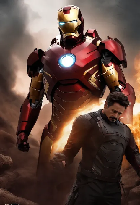 Personnage Tanos et Tony Stark, Tanos tiens Tony Stark par le coup, Tony Stark a armure Iron Man, Broken Armor, Apocalyptic setting