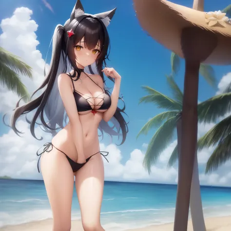 A woman in a bikini and cat ears is standing on the beach, Marisa Kirisame, menina anime sedutora, kantai collection style, Estilo de pista Azur, anime melhor garota, Do videogame Azur Lane, mulher bonita sedutora do anime, roupa de banho, menina anime loi...