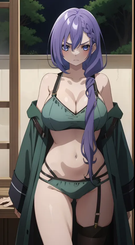 luna,1girl,solo,long hair, braid, purple hair, blue eyes, braided bangs, mini breasts ,mini bra beautiful, panties , garter straps , forest,(( cowboy shot)), beautiful, huge breast, cleavage, , midriff, naked, , , nsfw, ((loking at viewer)) , angry