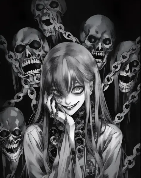 A black-and-white photo of a woman with long hair and a bunch of skulls, Manga de terror, Gapmoe Yandere Grimdark, Ilustraciones de Junji Ito, Sutil Junji Ito, Junji Ito 4 K, Retrato Gapmoe Yandere Grimdark, art style of junji ito, Estilo Junji Ito, malevo...