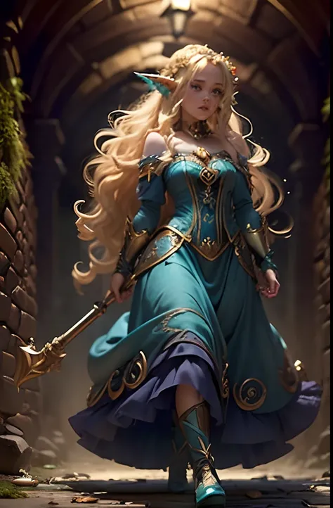 (1 girl) Blonde Elf. 20years old. Cyan eyes. (golden long curly hair, scattered in a mess:1.2). (Dirty blue dress with gold embroidery). high-heeled shoes. Beautiful Character Face. Detailed eyes and face, delicate features. , (Sexy). (1 Goblin Boy). Fight...