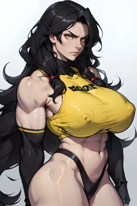 very long hair 1 girl black hair yellow eyes bodybuilder huge breasts pale skin angry