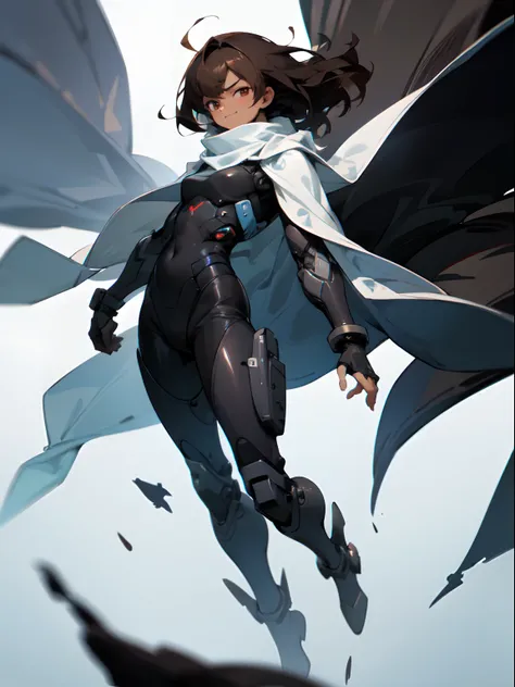 Masterpiece, highres, High quality, Dark skin teen, male, slightly buff, medium dark brown hair hair, big innocent eyes, wearing a black full body exosuit, six white long torn scarf, hooded white cloaks, White wrist guards, dramatic shot, close up, cool, s...