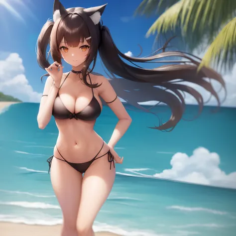 A woman in a bikini and cat ears is standing on the beach, Marisa Kirisame, menina anime sedutora, kantai collection style, Estilo de pista Azur, anime melhor garota, Do videogame Azur Lane, mulher bonita sedutora do anime, roupa de banho, menina anime loi...