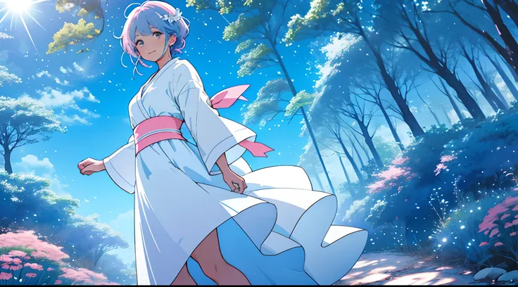 una mujer en el bosque con la luz del sol en la cara, yukime, pelo corto color azul cielo, white dress with pink ribbon waist, a...