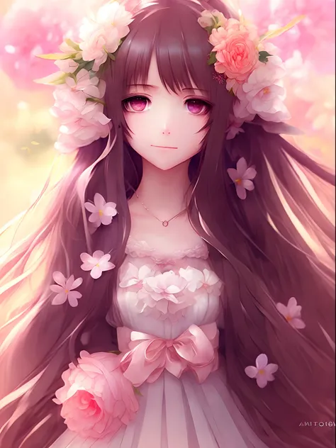 anime - style girl with long hair and flowers in her hair, cute anime waifu in a nice dress, beautiful anime girl, cute detailed digital art, beautiful anime portrait, guweiz on pixiv artstation, artwork in the style of guweiz, guweiz on artstation pixiv, ...