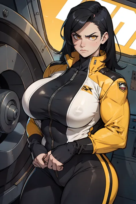 1 girl black hair yellow eyes bodybuilder huge breasts pale skin angry pilot suit