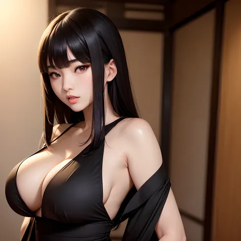 Japanese girl with bangs, large chest, black dress, ahegao face, long black hair, bangs, brown eyes, sharp chin, thin neck, hyper realism, realistic