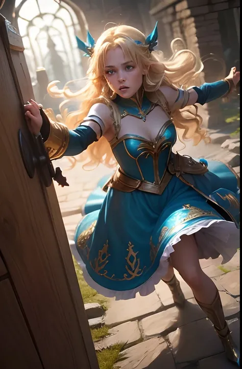 (1 girl) Blonde Elf. 20years old. Cyan eyes. (golden long curly hair, scattered in a mess:1.2). (Dirty blue dress with gold embroidery). high-heeled shoes. Beautiful Character Face. Detailed eyes and face, delicate features, (Sexy). She fights a goblin in ...