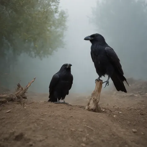 Two crows in a dead tree, Uma sombra em Forma de andador, Noite estrelada, Thick fog on the ground, Luz azul no horizonte, Motor Unreal 5, cinemactic, Low-angle photography, motion blur, proFundidade de campo, dust, Cobblestones and dirt. arte splash, ping...