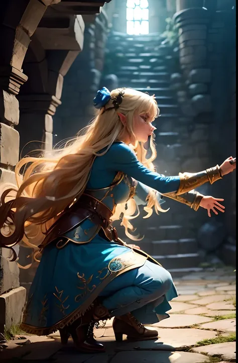 (1 girl) Blonde Elf. 20years old. Cyan eyes. (golden long curly hair, scattered in a mess:1.2). (Dirty blue dress with gold embroidery). high-heeled shoes. Beautiful Character Face. Detailed eyes and face, delicate features, (Sexy). She fights a goblin in ...