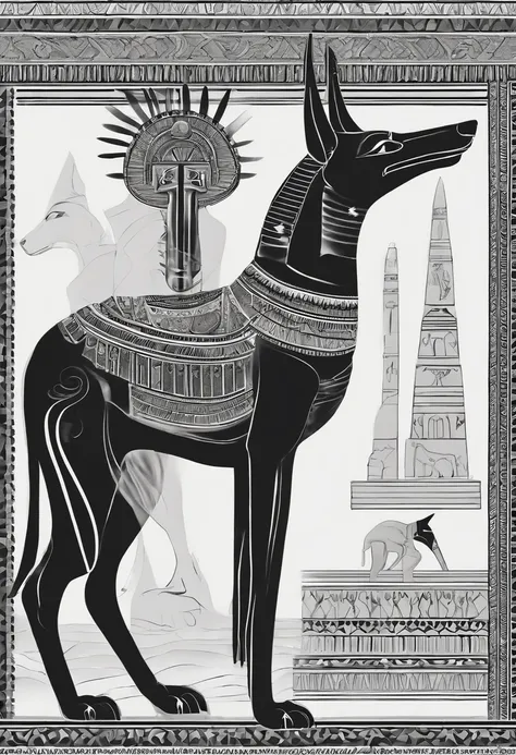 Egyptian god Anubis, Black and White Hieroglyph Wall Background Side View Tattoo Style Details Fine Strokes