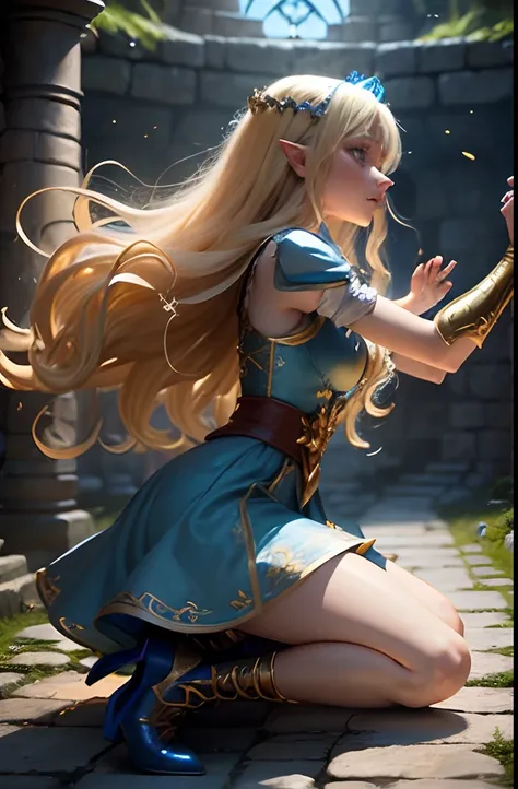 (1 girl) Blonde Elf. 25 years. Cyan eyes. (golden long curly hair, scattered in a mess:1.2). (Dirty blue dress with gold embroidery). high-heeled shoes. Beautiful Character Face. Detailed eyes and face, delicate features, (Sexy). She fights a goblin in the...