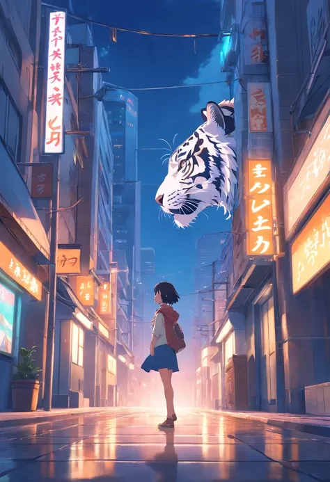 Eine Frau, in einen Anime-Stil umgewandelt, with a white tiger next to her, Standing on a lonely dark city street, Hintergrund mit Hintergrundbeleuchtung, der das Motiv hervorhebt, Kontrastreiche Farben, 4K high-definition quality