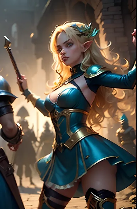 (1 Girl and 1 Goblin Boy) Blonde Elf. 25 years. Cyan eyes. (golden long curly hair, scattered in a mess:1.2). (Dirty blue dress with gold embroidery). high-heeled shoes. Beautiful Character Face. Detailed eyes and face, delicate features, (Sexy). She fight...