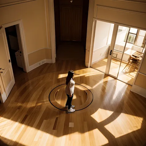 five people are standing in a circle with a distance apart, high angle, indoor room, full body, perfect shape, human