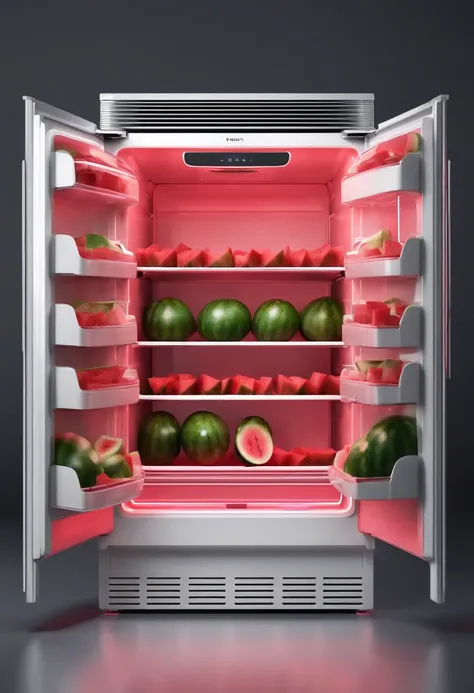 An open white fridge full to the bim wtih watermelon inside of it. There is only watermelon iside of fridge. Draw watermelon spilling out of fridge onto he floor