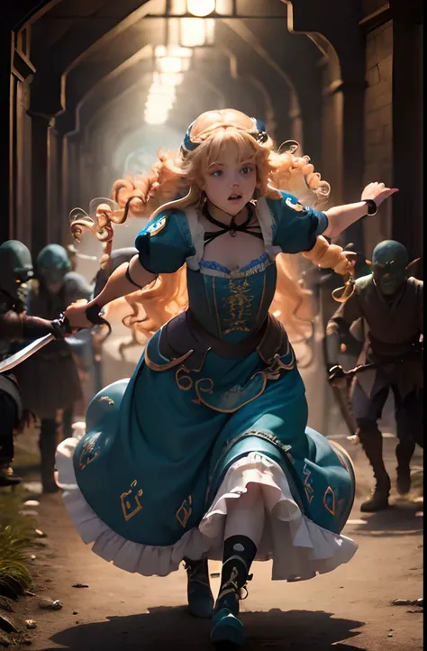 (1 Girl and 1 Goblin Boy) Blonde Elf. 25 years. Cyan eyes. (golden long curly hair, scattered in a mess:1.2). (Dirty blue dress with gold embroidery). high-heeled shoes. Beautiful Character Face. Detailed eyes and face, delicate features, (Sexy). She fight...