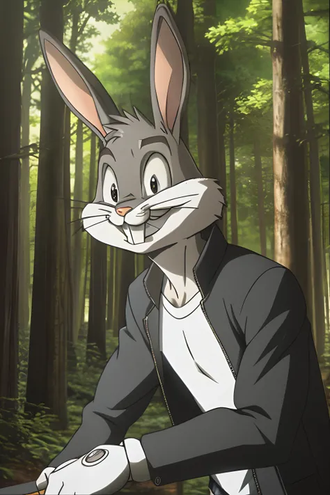 gloves, male, solo, bugs bunny, rabbit, buckteeth, forest, long ears, grey body, grey fur, white fur,furry,anime style, anime screencap, 2010s_(style), grin, forest, upper body, short-sleeved jacket with white lining,