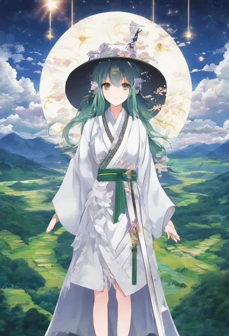 Hyper-photo 3D witch,White traditional costume staff,Join the temple in the background,Green mountains,full bodyesbian,Face front,the night,Nine stars in a row,Head ornaments