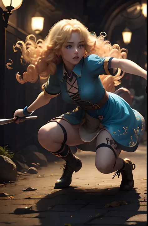 (1 Girl and 1 Goblin Boy) Blonde Elf. 25 years. Cyan eyes. (golden long curly hair, scattered in a mess:1.2). (Dirty blue dress with gold embroidery). high-heeled shoes. Beautiful Character Face. Detailed eyes and face, delicate features, (Sexy). She fight...