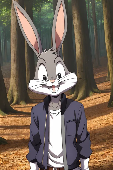 gloves, male, solo, bugs bunny, rabbit, buckteeth, forest, long ears, grey body, grey fur, white fur,furry,anime style, anime screencap, 2010s_(style), grin, forest, upper body, short-sleeved jacket with white lining,