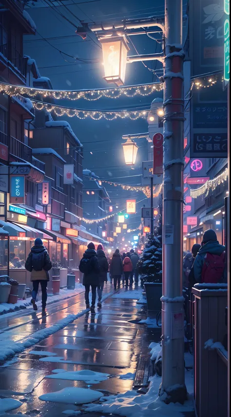 (No People), Unattended, No One, Landscape, Winter, Christmas, City, Tokyo, Sidewalk, Snow, Light Up, Night, HD Detail, Ultra Detail, Film, Hyper Realism, Soft Light, Deep Focus Bokeh, Ray Tracing, Art Station pixivgwise, Makoto Shinkai, Art Germ