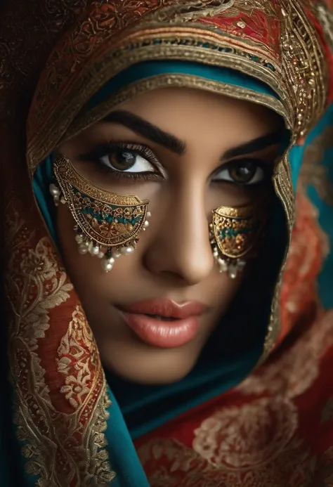 Une femme musulmane,beautiful detailed  eyes,beautiful detailed lips,extremely detailed eyes and face,Cils longs,Porter un hijab,Expression pacifique,Traditional clothing,ornate patterns,tissu doux et fluide,Illustrated Art Style,couleurs riches,tons de co...