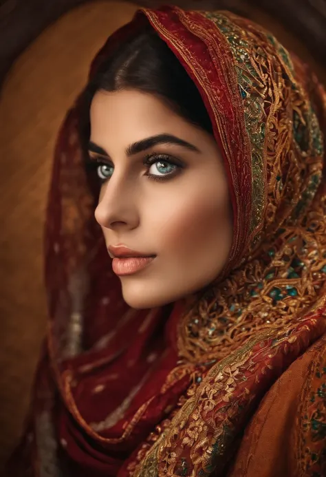 Une femme musulmane,beautiful detailed  eyes,beautiful detailed lips,extremely detailed eyes and face,Cils longs,Porter un hijab,Expression pacifique,Traditional clothing,ornate patterns,tissu doux et fluide,Illustrated Art Style,couleurs riches,tons de co...