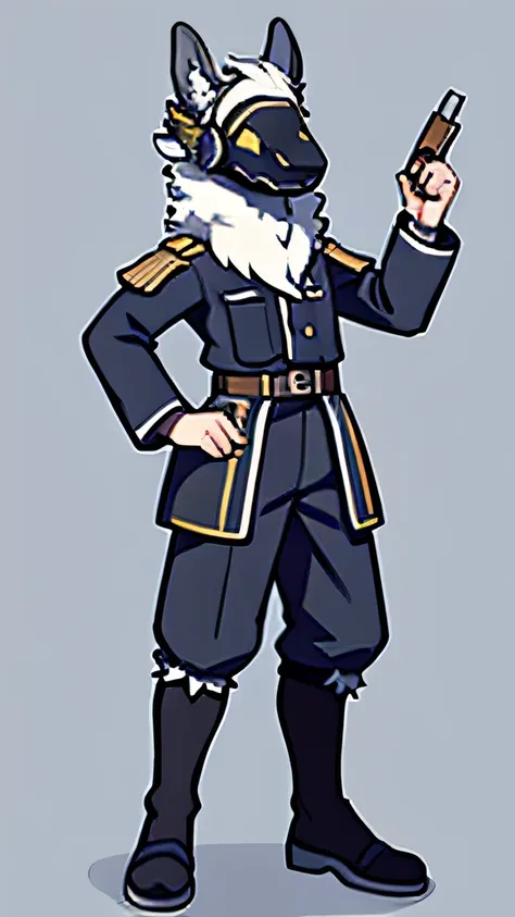 protogen, old pistol, old black and white german commander uniforms, standing at, simple background