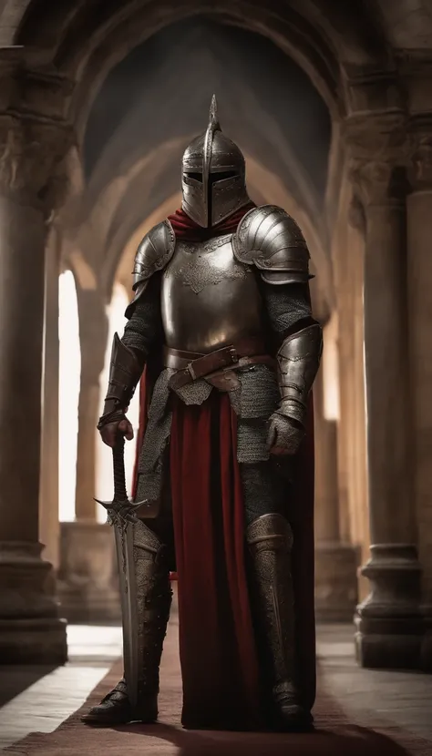 An armored demon stands in the hall with a sword, full portrait of magical knight, ares com armadura pesada e espada, guerreiro de fantasia em armadura completa, Armadura dourada de Paladin,There are demon horns on the helmet，olhos brilhantes vermelho-sang...