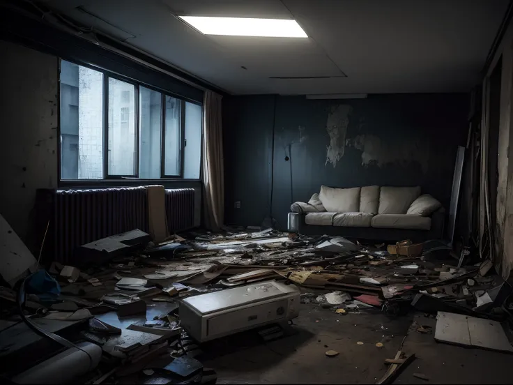 destroyed room, dark ambient, sofa, tube television on the floor, all objects appear side view