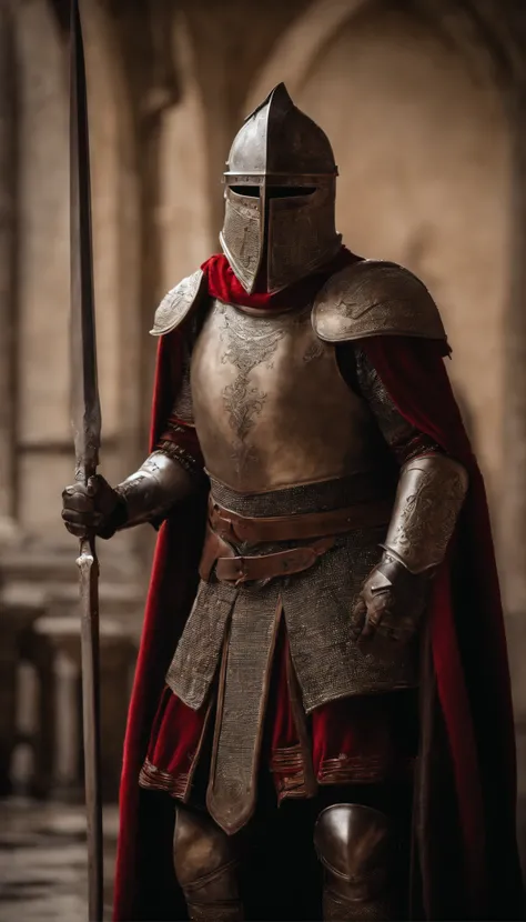 An armored demon stands in the hall with a sword, full portrait of magical knight, ares com armadura pesada e espada, guerreiro de fantasia em armadura completa, Armadura dourada de Paladin,There are demon horns on the helmet，olhos brilhantes vermelho-sang...