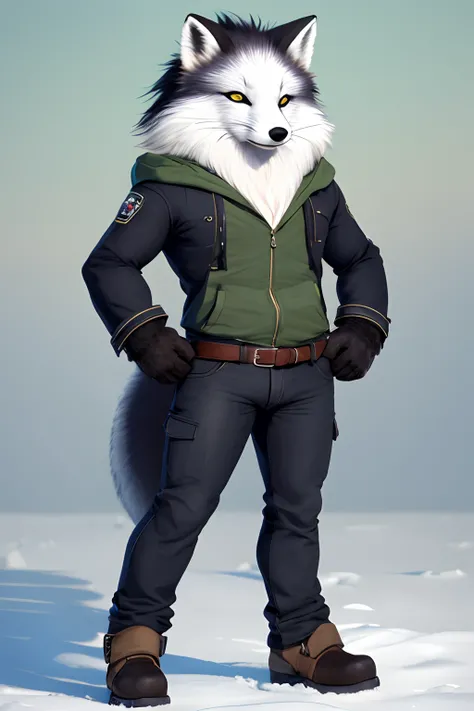 full body picture, trans feminine anthro arctic fox, bulge, clothed, tall, long black hair, green eyes