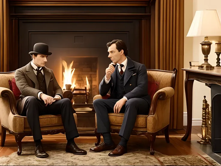 Sherlock Holmes and Dr. Watson sitting in a room with a fireplace