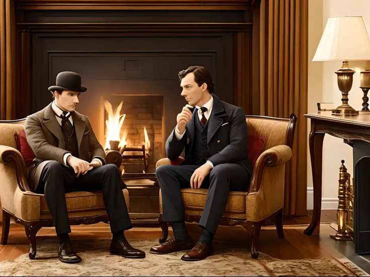 Sherlock Holmes and Dr. Watson sitting in a room with a fireplace