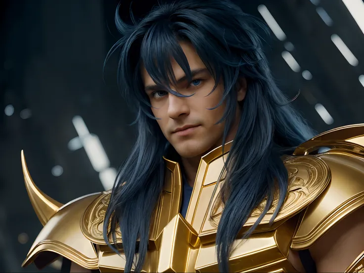 Cinematic stunningly detailed and ultra-realistic Milo Scorpio of Saint Seiya. Close up. Half-body. He is wearing a medieval armor, (full golden armor), shoulder armor, near starry Skye background, (detailed armor, high quality), (ornate armor), Octane is ...