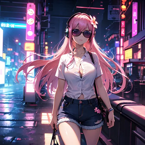 Masterpiece, best quality, (very detailed CG unity 8k wallpaper) (best quality), (best illustration), (best shadows), single female, full body, long pink hair, anime, very large breasts, short sleeve button up hawaiian shirt with flowers, jean shorts, cybe...